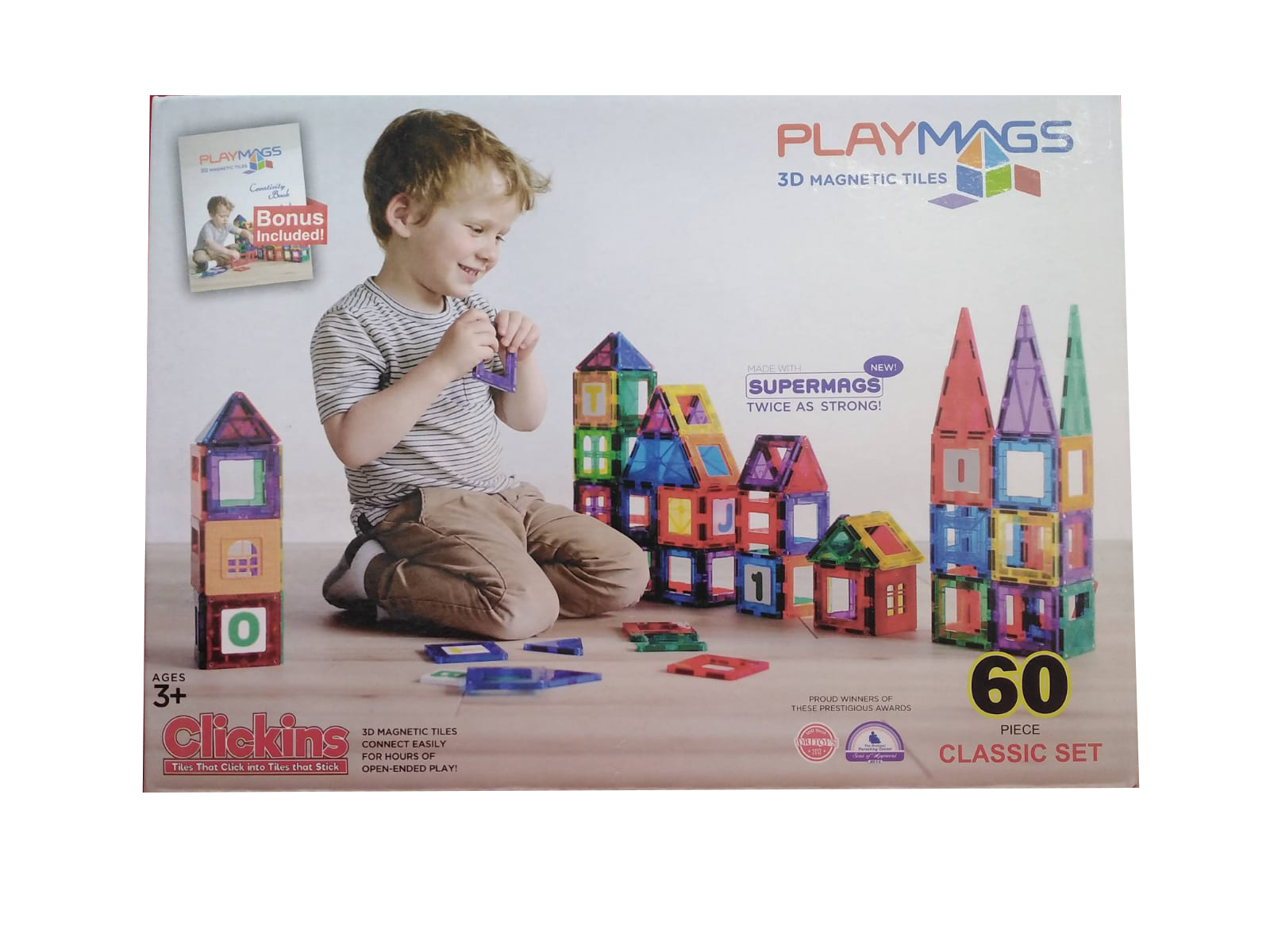 PLAYMAGS - MAGNETIC TILE CLEAR COLOUR 60 PIECES WITH SUPER MAGS (TP60)